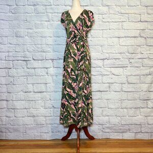 Lands' End Pink Tropical Floral Print Faux Wrap Midi Dress